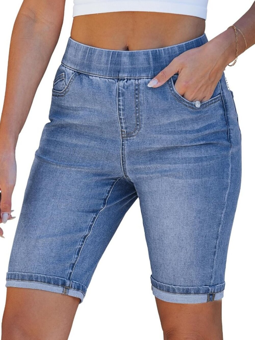 High-Waisted Denim Bermuda Shorts for Women | Stretchy, Elastic Waist, Knee